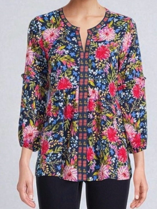 The Pioneer Woman Tops - The Pioneer Woman Navy Tunic with Pink & Red Floral Print